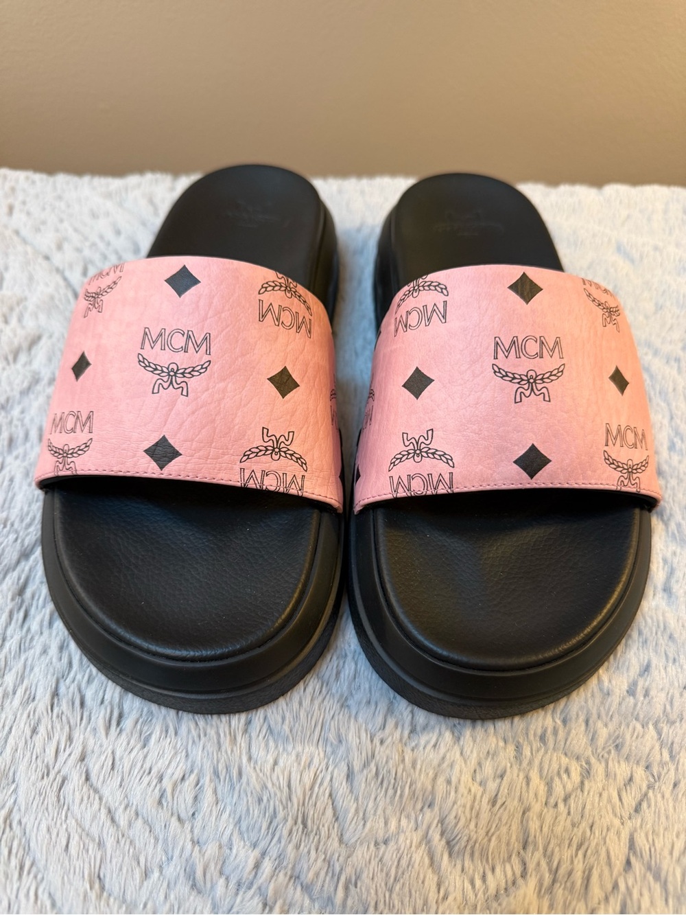 MCM Pink Visetos Monogram Slide Sandals- NEW